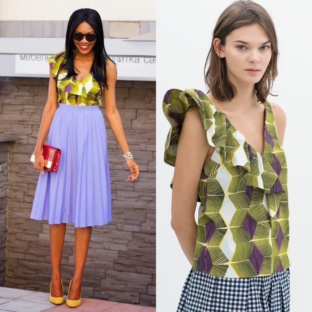 ZARA Ruffled One Shoulder Cotton African Print Sleeveless Top in Purple/Yellow S
